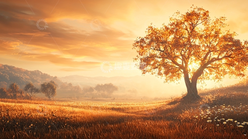 高清大图下载【趣麦麦图】金色阳光下的树