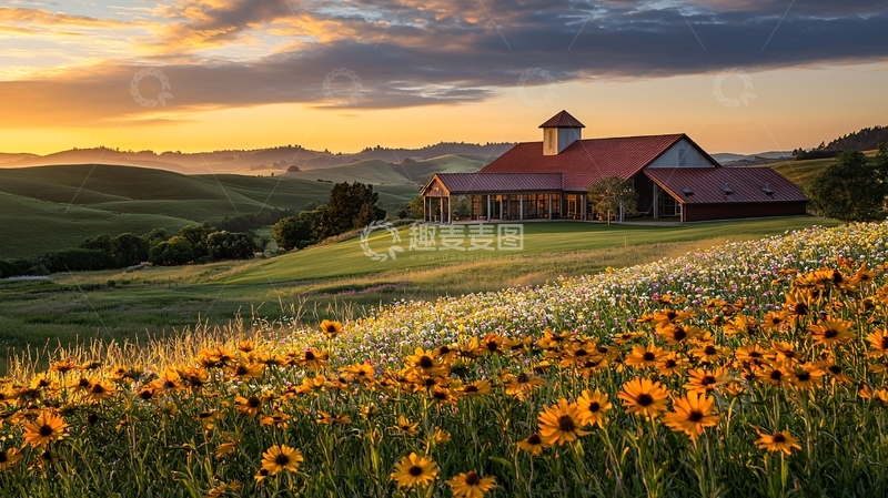 高清大图下载【趣麦麦图】田园风光建筑在日落时分