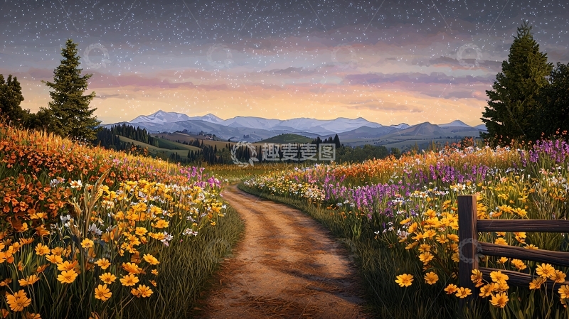 高清大图下载【趣麦麦图】田野小路夕阳山脉的油画
