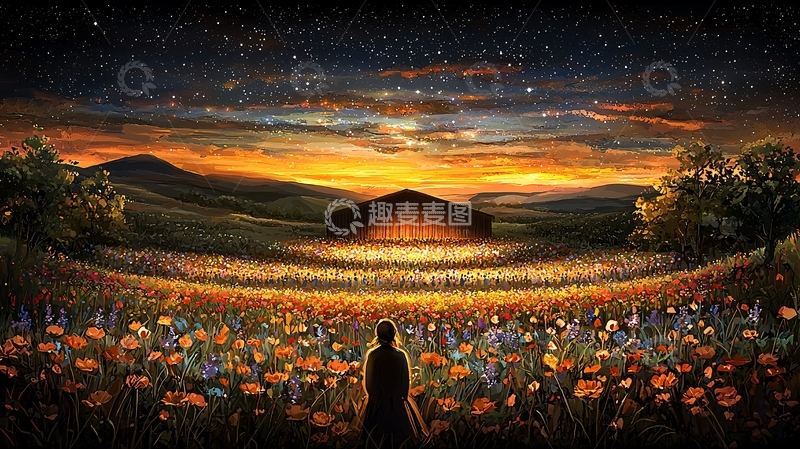 高清大图下载【趣麦麦图】孤独的人站在星空下的田野里