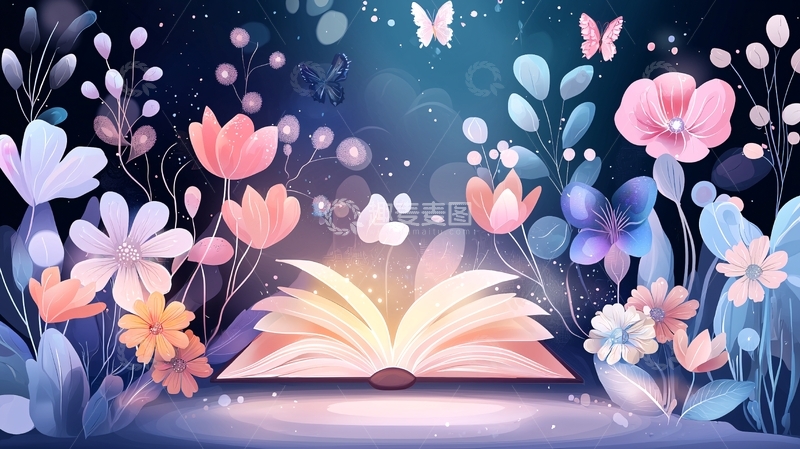 高清大图下载【趣麦麦图】梦幻花卉书本夜景图
