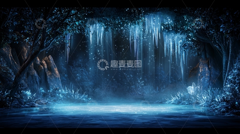 高清大图下载【趣麦麦图】神秘瀑布下的蓝色光芒