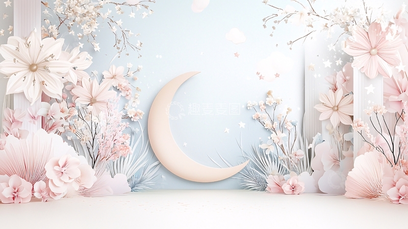 高清大图下载【趣麦麦图】粉色花朵与月亮背景