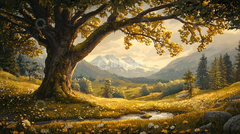 高清大图下载【趣麦麦图】宏伟古树下的山谷景色