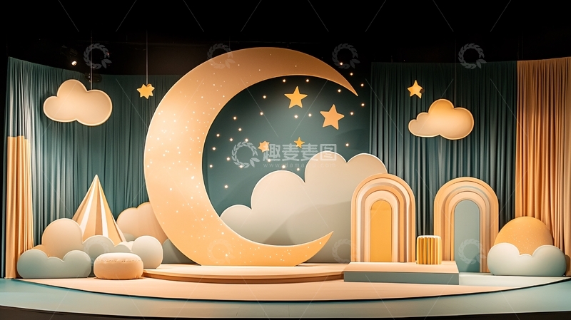 高清大图下载【趣麦麦图】卡通月亮云朵舞台背景