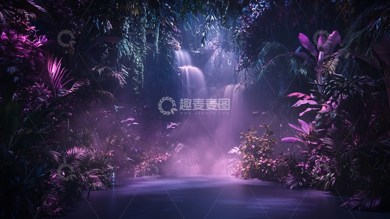 高清大图下载【趣麦麦图】神秘紫光瀑布下的森林