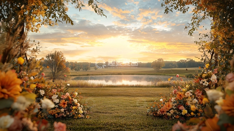 高清大图下载【趣麦麦图】秋日花园湖畔夕阳