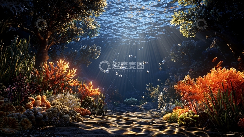 高清大图下载【趣麦麦图】水下珊瑚礁光线梦幻