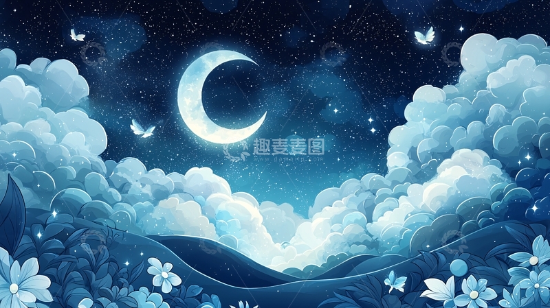 高清大图下载【趣麦麦图】新月悬挂在云端之上