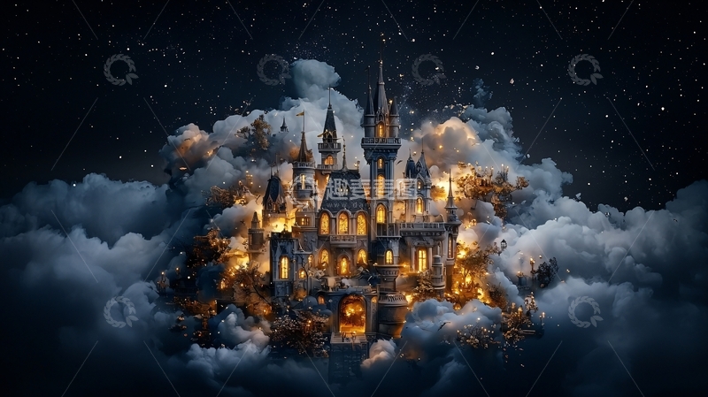 高清大图下载【趣麦麦图】云端城堡夜景