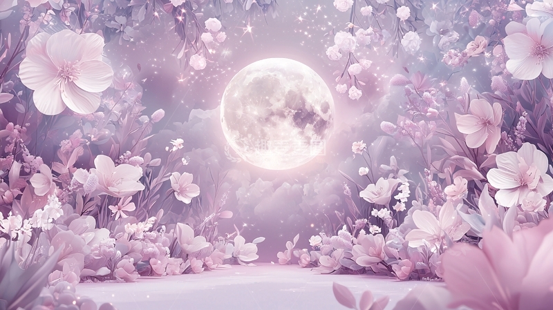 高清大图下载【趣麦麦图】梦幻紫粉花海与明月