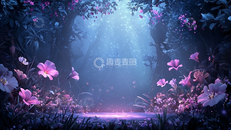 高清大图下载【趣麦麦图】梦幻紫色花卉森林夜景