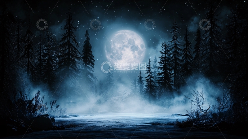 高清大图下载【趣麦麦图】月夜森林高清图片