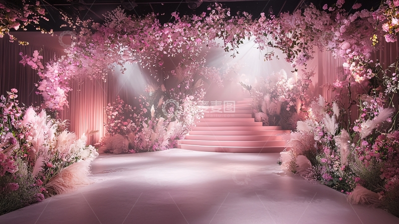 高清大图下载【趣麦麦图】粉色花卉环绕的台阶