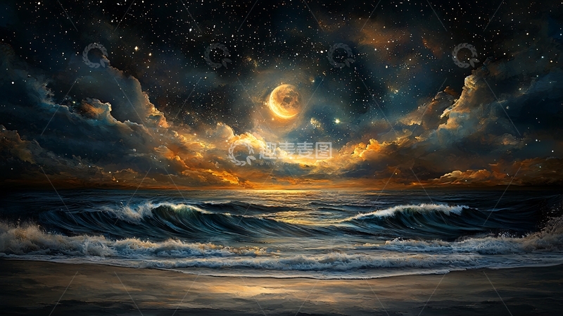高清大图下载【趣麦麦图】夜空下的海面月光