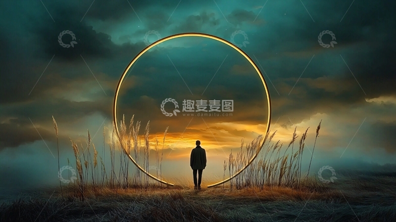 高清大图下载【趣麦麦图】孤独的人站在金色圆环前