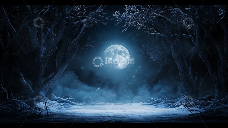 高清大图下载【趣麦麦图】森林夜空圆月