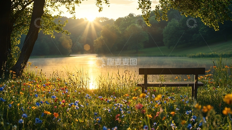 高清大图下载【趣麦麦图】湖边日出长椅