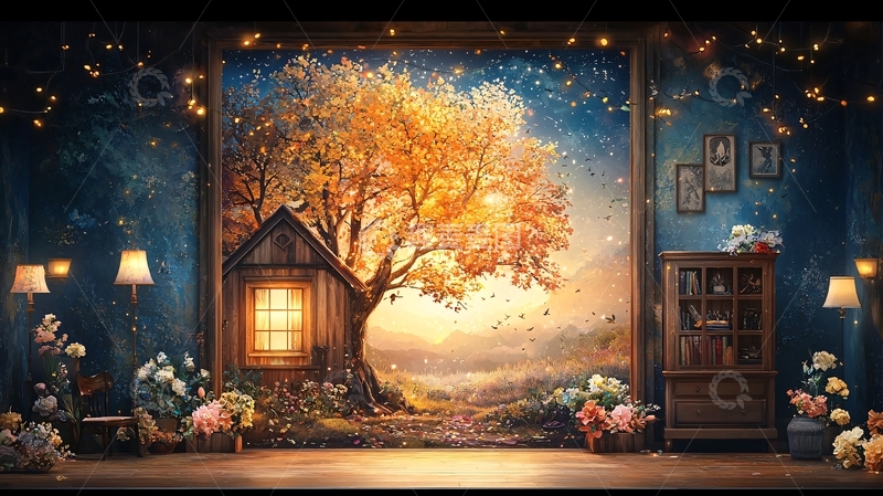 高清大图下载【趣麦麦图】秋季小屋前的画作风景