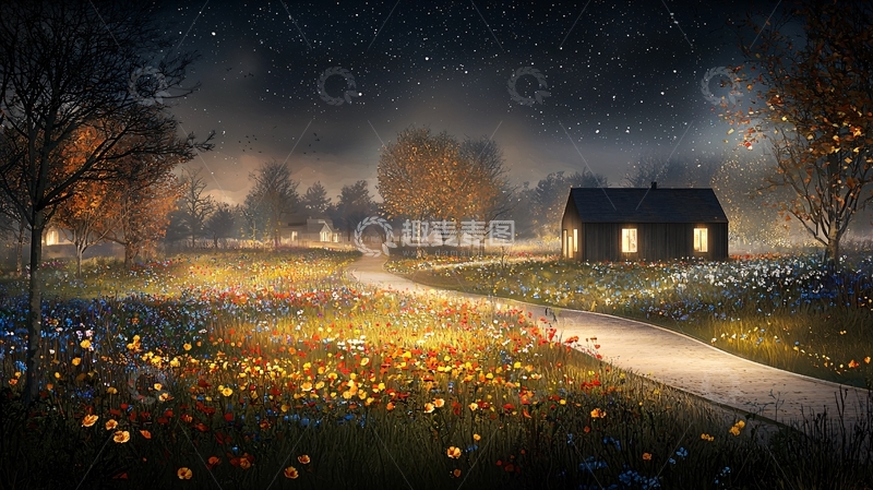 高清大图下载【趣麦麦图】夜空下的田园小屋