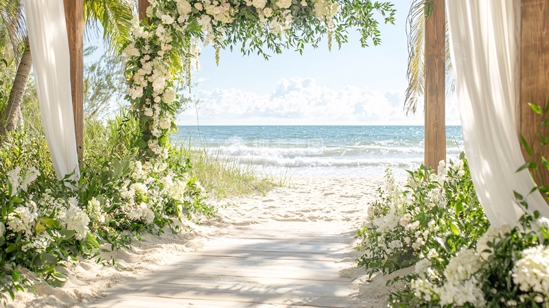 高清大图下载【趣麦麦图】海滩婚礼拱门鲜花装饰