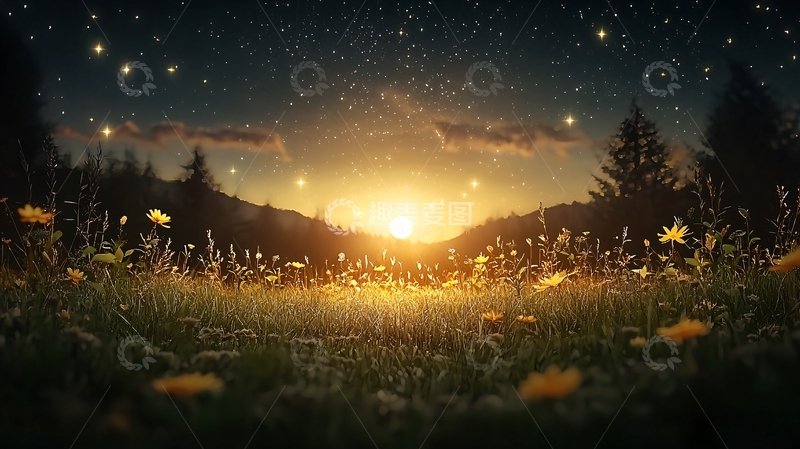 高清大图下载【趣麦麦图】草地上的日落