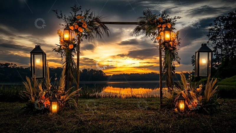 高清大图下载【趣麦麦图】暮色下的浪漫婚礼拱门