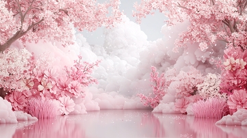 粉色花树与雪山云雾