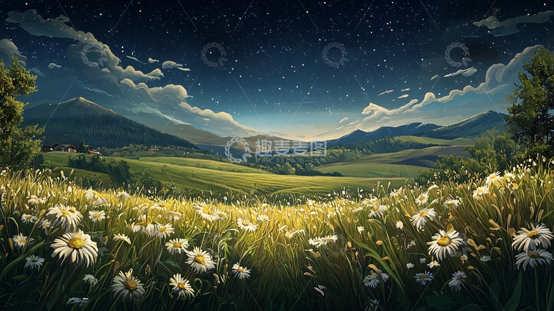 高清大图下载【趣麦麦图】夜空下的田野花海