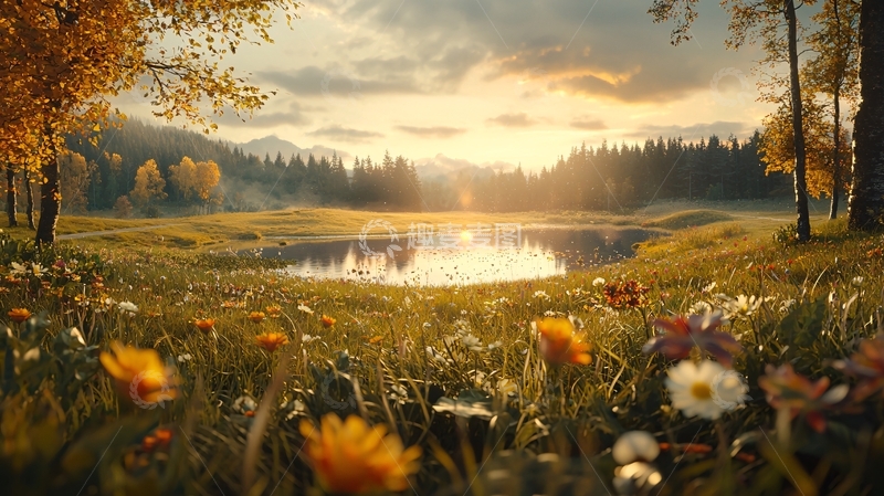 高清大图下载【趣麦麦图】秋季湖畔阳光明媚的风景