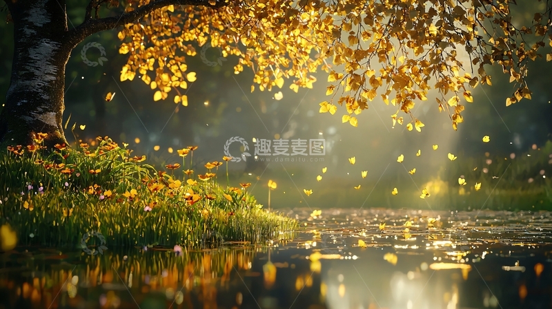 高清大图下载【趣麦麦图】阳光穿透树林洒在湖面上