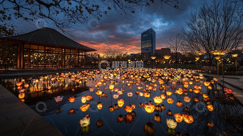 高清大图下载【趣麦麦图】水中漂浮着灯笼的夜景