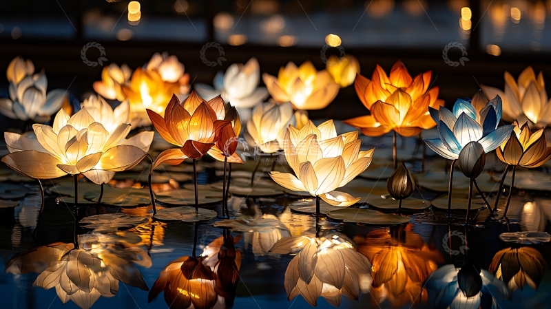 高清大图下载【趣麦麦图】水面漂浮莲花灯