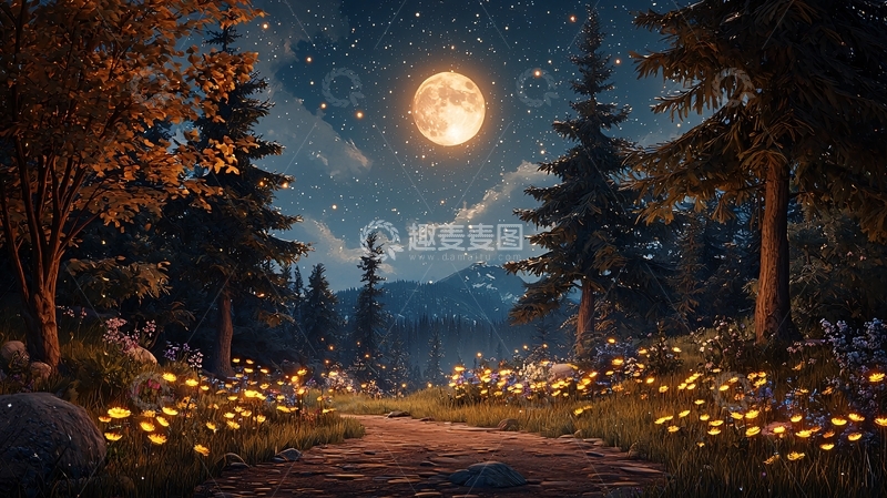 高清大图下载【趣麦麦图】月光下的森林小路