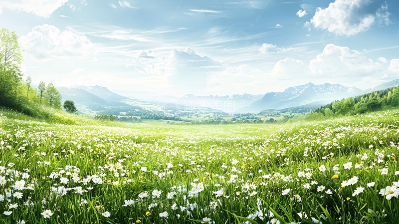 高清大图下载【趣麦麦图】青草地上的鲜花和远山
