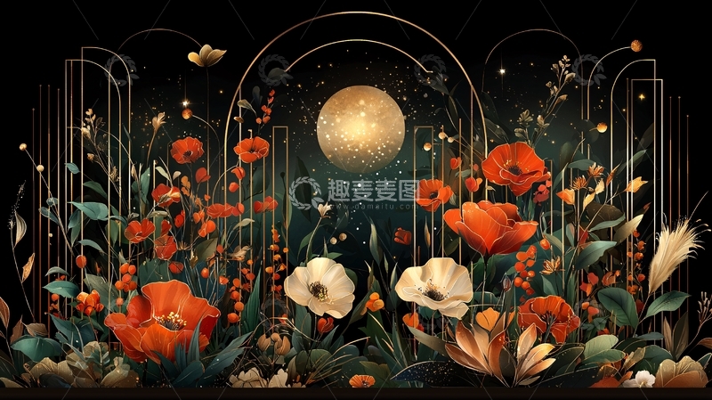 高清大图下载【趣麦麦图】金色月亮下的花卉拱门