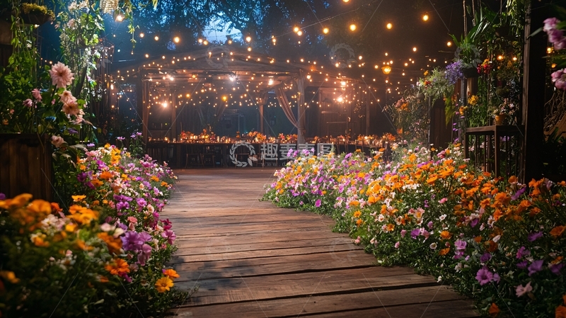 高清大图下载【趣麦麦图】鲜花小路灯光装饰的夜晚