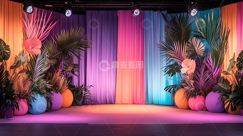 高清大图下载【趣麦麦图】彩色幕布热带植物舞台