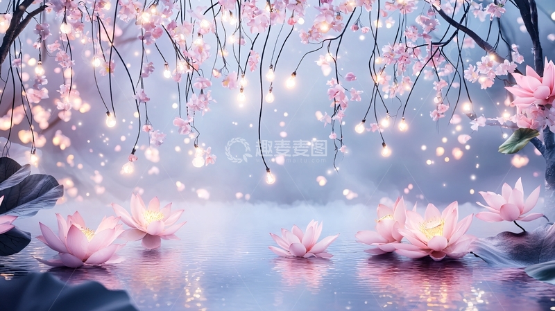 高清大图下载【趣麦麦图】唯美粉色花朵与水面光点