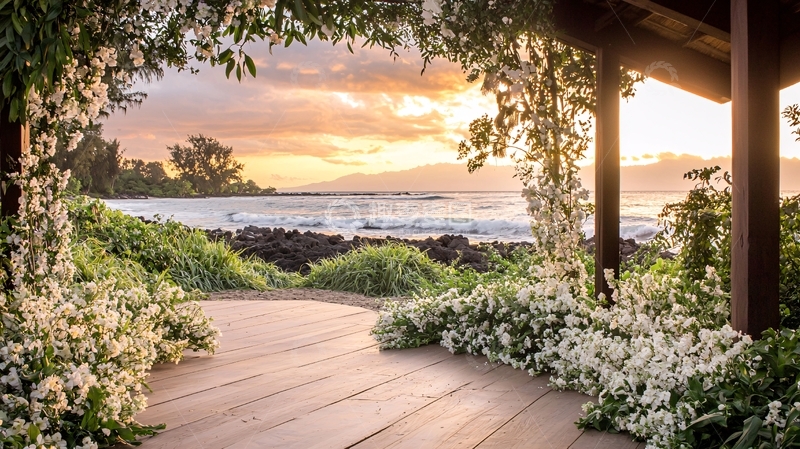 高清大图下载【趣麦麦图】海边凉亭花卉夕阳美景