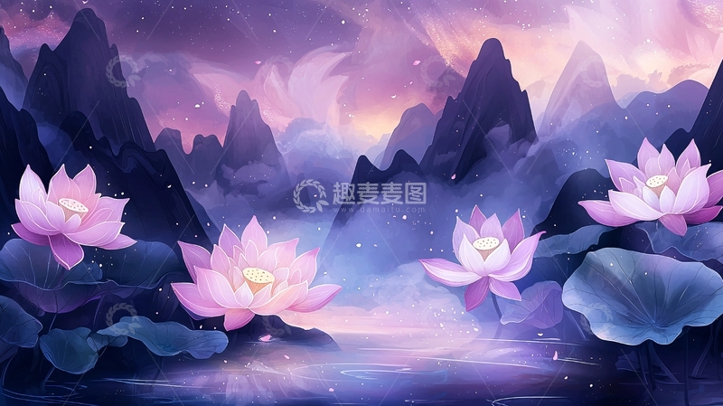 高清大图下载【趣麦麦图】紫色莲花山水画