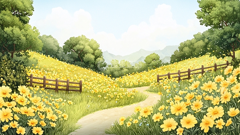 高清大图下载【趣麦麦图】鲜花盛开的田野小路