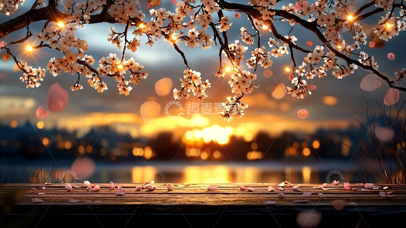 高清大图下载【趣麦麦图】樱花树下落日湖面