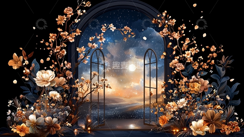 高清大图下载【趣麦麦图】拱形门后梦幻星空花卉