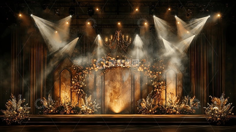 高清大图下载【趣麦麦图】舞台金色花卉拱门灯光