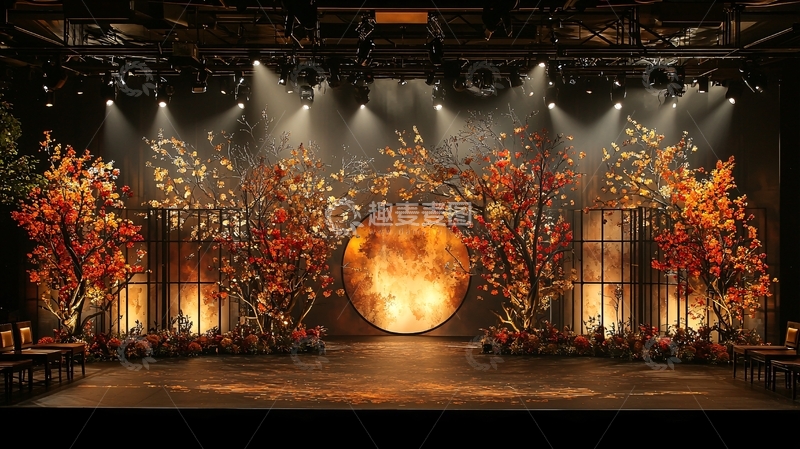 高清大图下载【趣麦麦图】舞台金色月亮秋叶
