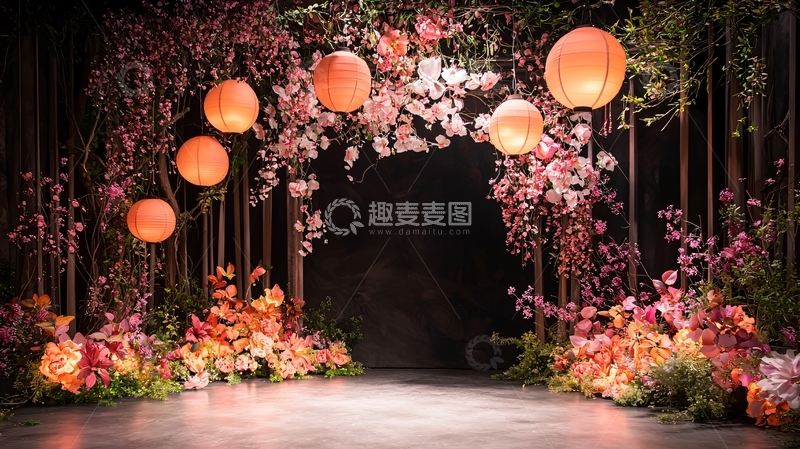 高清大图下载【趣麦麦图】粉色花朵拱门与灯笼