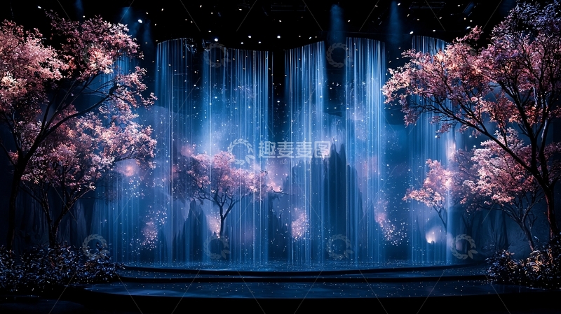 高清大图下载【趣麦麦图】梦幻蓝光瀑布樱花树
