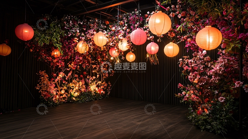高清大图下载【趣麦麦图】节日氛围灯笼花簇夜景