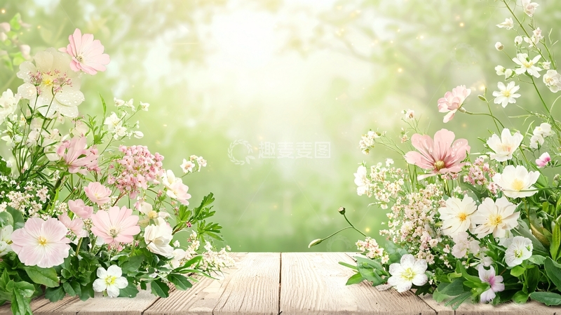 高清大图下载【趣麦麦图】木板前的粉白花丛